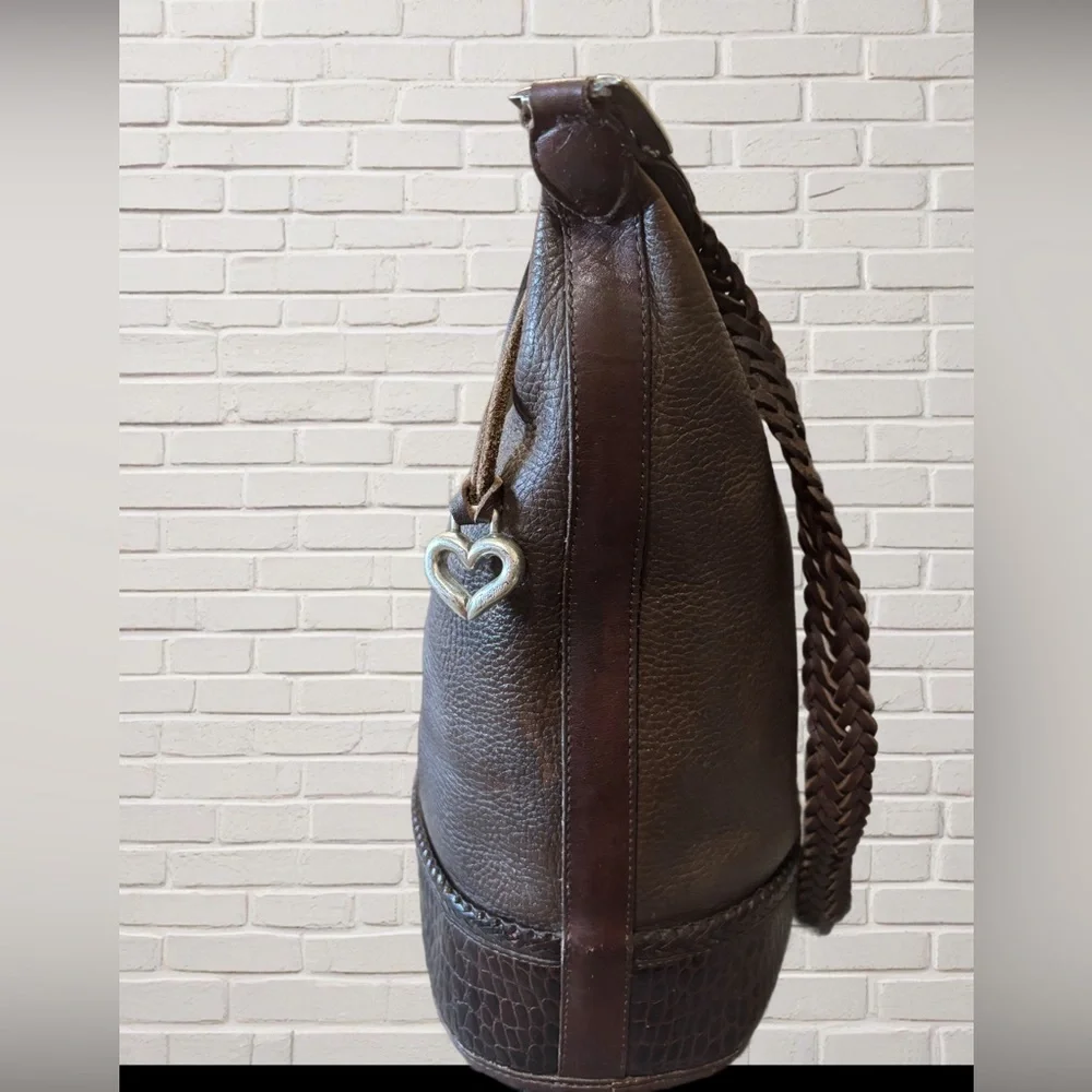 Brighton Brown Leather Braided Strap Hobo Bag Bali Collection Silver Heart